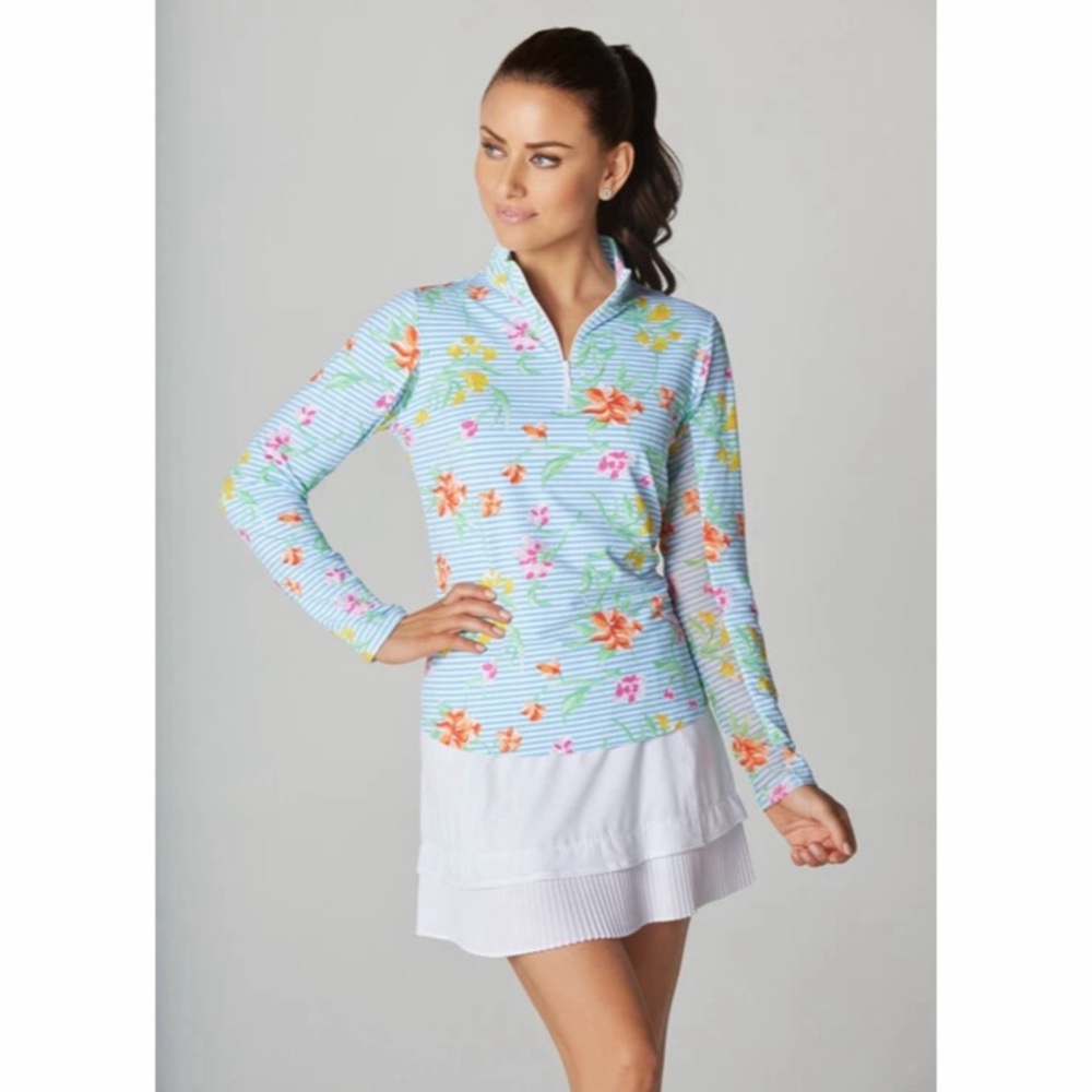 IBKUL Women's Joanna Print Mock Neck Top Blue Stripe Floral Size XS